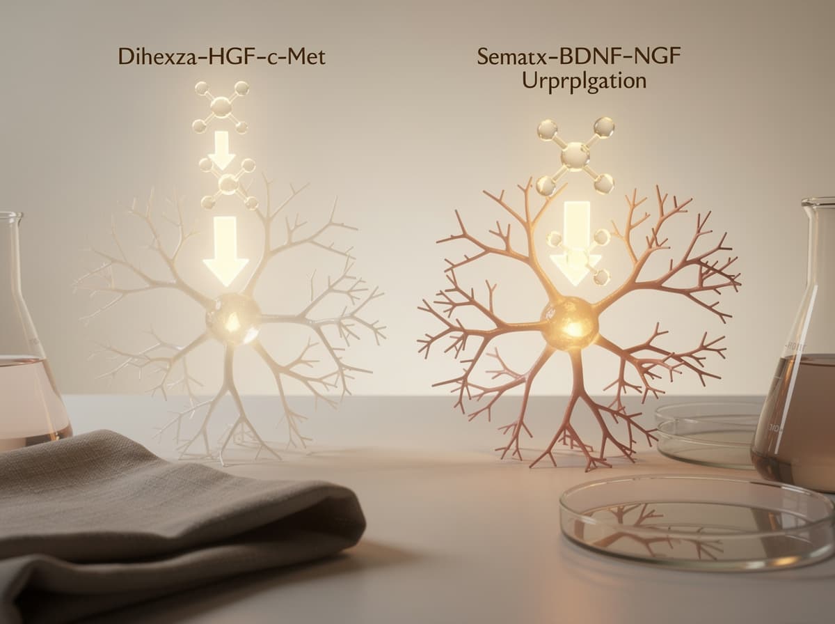 Diagram comparing Dihexa HGF c-Met signalling cascade to Semax BDNF NGF upregulation pathway in hippocampal neurons.