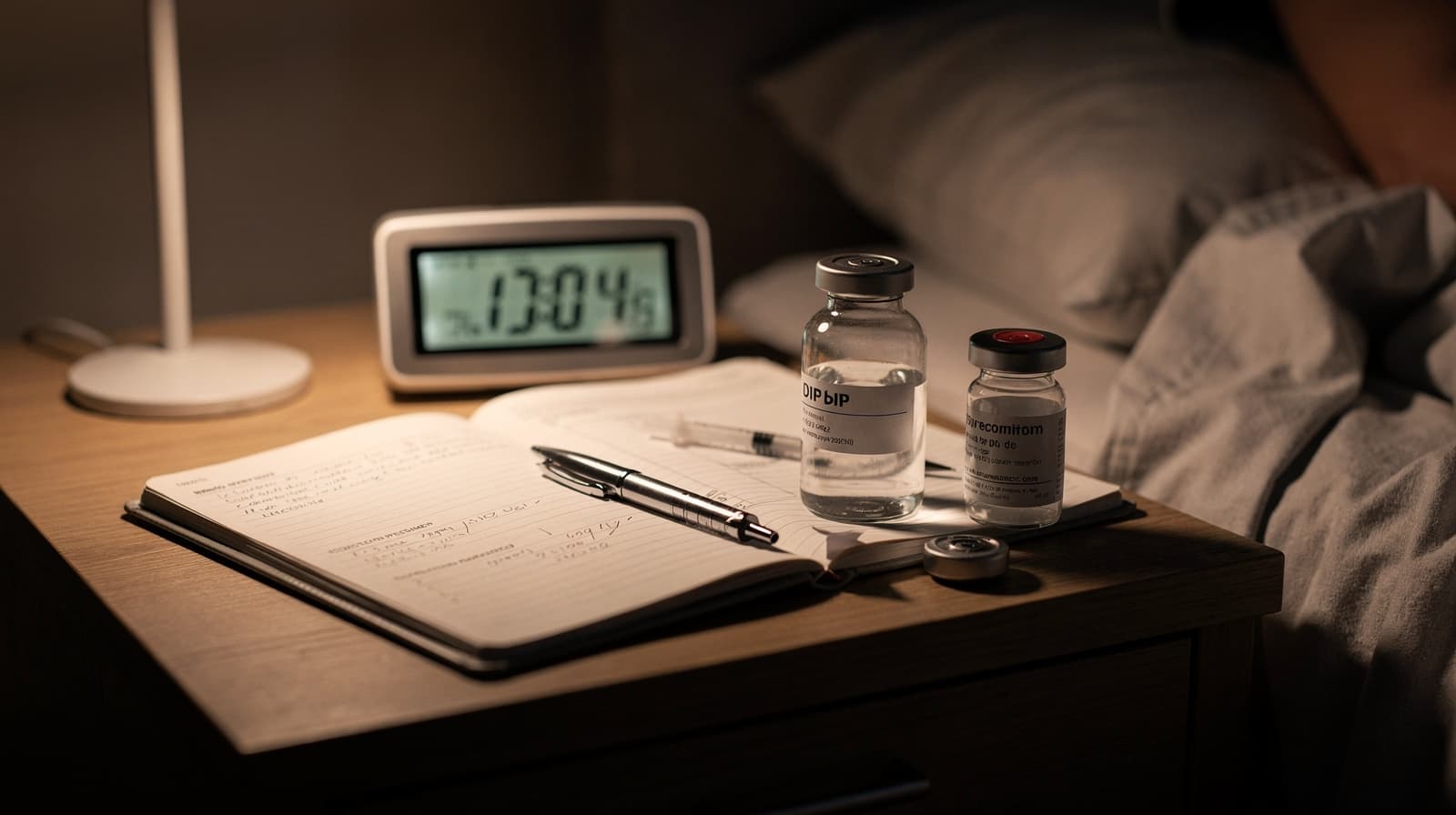 Clinical research notebook beside a vial of reconstituted DSIP peptide on a dim bedside table at night, ready for a documented sleep study.