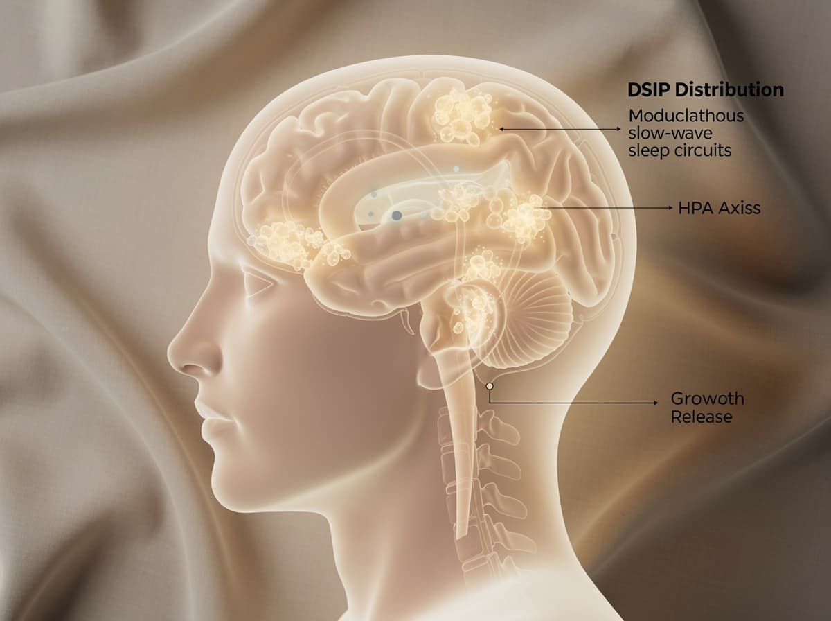 Schematic showing DSIP distribution across hypothalamus, limbic system, and pituitary with arrows indicating modulation of slow-wave sleep, HPA axis, and growth hormone release.