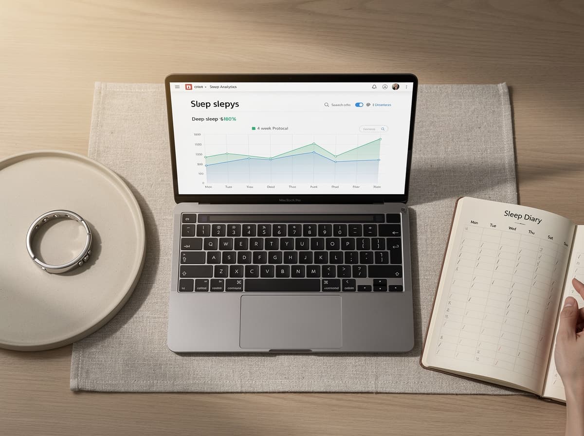 Overhead view of a sleep-tracking workstation: wearable ring, paper sleep diary with weekly entries, and a laptop displaying deep-sleep percentage trends over a four-week protocol cycle.