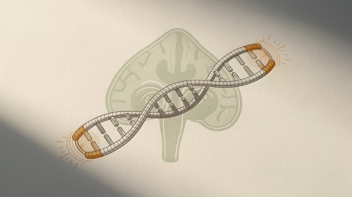 Abstrakt illustrasjon av et kromosom med amber telomer-endekapper og subtil sage pineal-silhuett, redaksjonell linjekunst på gråhvit papir