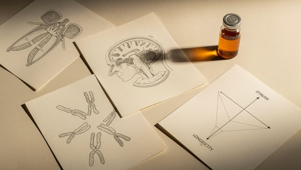 Redaksjonell stilleben av spredte tidsskrift-sider med anatomiske pinealkjertel- og kromosom-linjetegninger og et enkelt amber hetteglass, forskningsdesk-estetikk