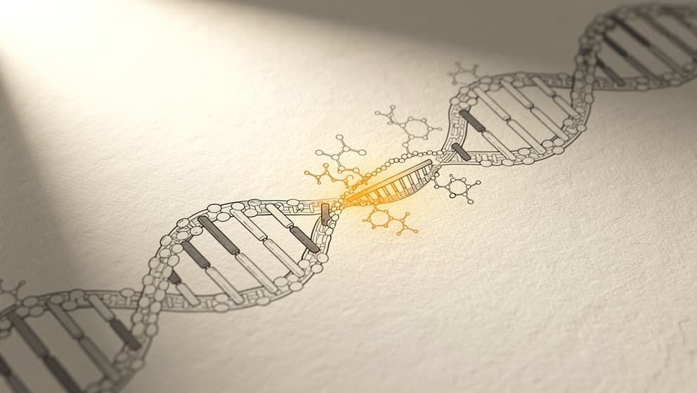 Abstrakt cellulær illustrasjon av telomerase som forlenger et kromosom-telomer, amber-aksent på den forlengende telomer-enden, redaksjonell linjekunst