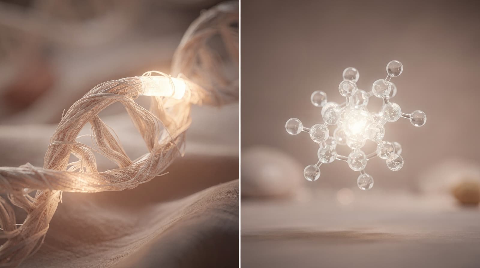 Split-frame illustration of a chromosome telomere cap next to a glowing NAD+ coenzyme molecule, representing two different longevity mechanisms.