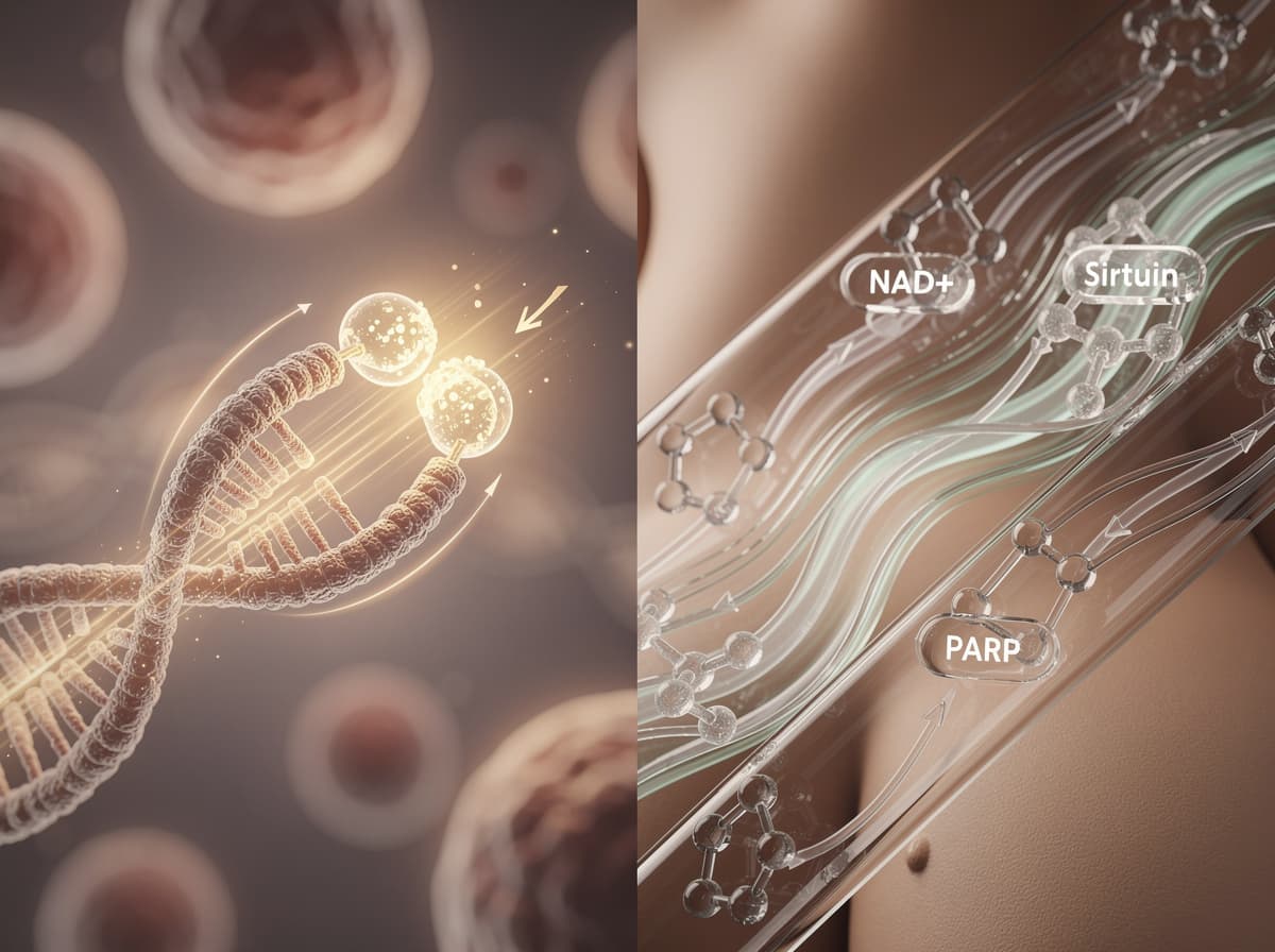 Diagram comparing epitalon's telomerase activation at the chromosome tip against NAD+ recycling through sirtuin and PARP enzymes.