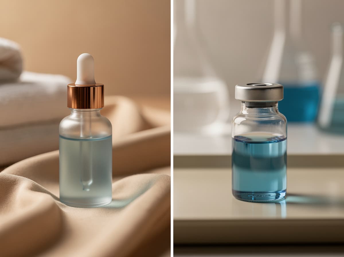 Sammenligning av kosmetisk kobberpeptidserum og et merket forskningshetteglass, som viser to ulike regulatoriske spor
