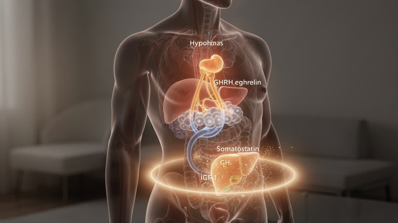 Diagram of the hypothalamic-pituitary GH axis showing GHRH, ghrelin, somatostatin, pituitary somatotrophs, and hepatic IGF-1 output.