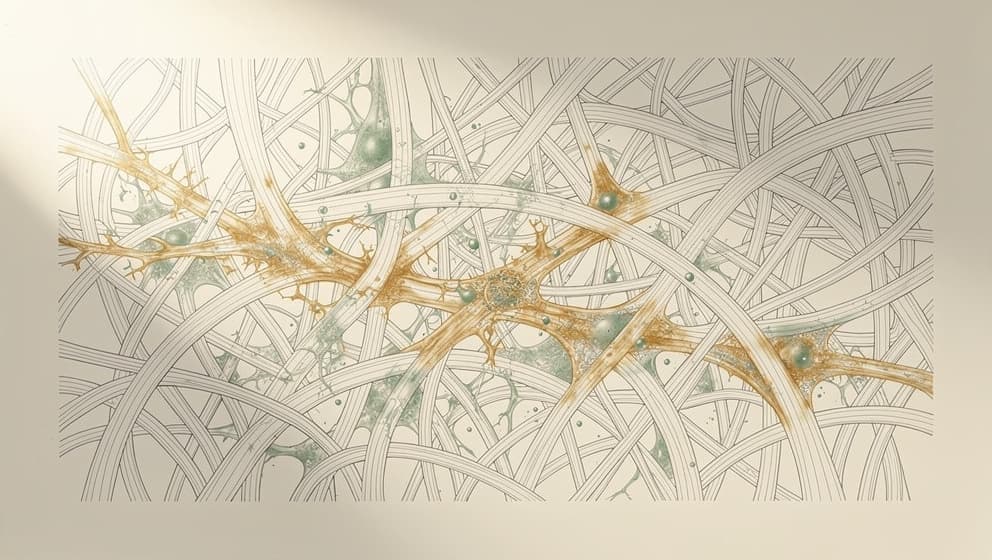 Abstract scientific illustration of collagen matrix remodeling in dermal tissue with amber remodeling zones and sage copper ion accents, editorial line-art