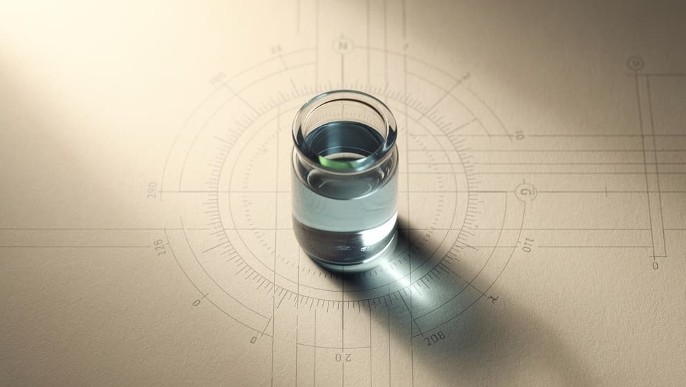 Ovenfra-stilleben av et lukket laboratorieglass med blåtonet væske på en arkitektonisk kalibreringsblåkopi, sage-grønn menisk som indikerer kobberinnhold