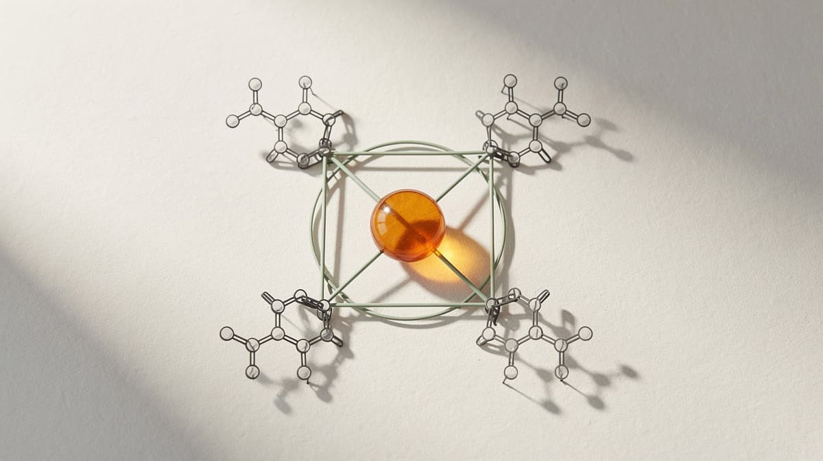Abstrakt kobber-chelationkompleks med sentralt amber-ion bundet av tripeptid, sage-bindinger, redaksjonell linjekunst