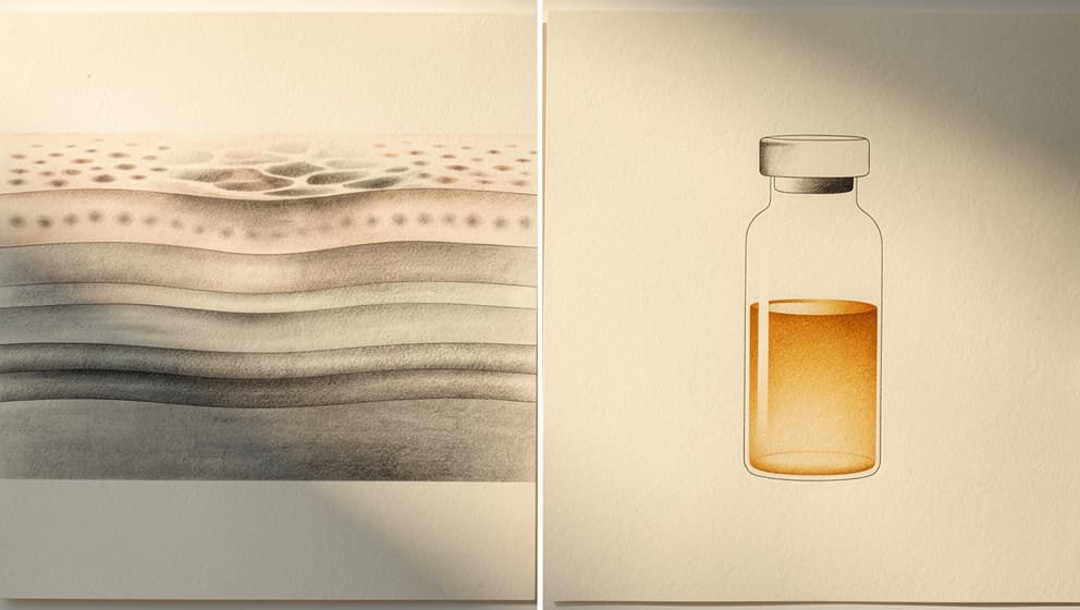 Delt-ramme-illustrasjon med lagdelt dermalt vevstversnitt til venstre og en hetteglass-silhuett til høyre, amber-menisk, symmetrisk komposisjon