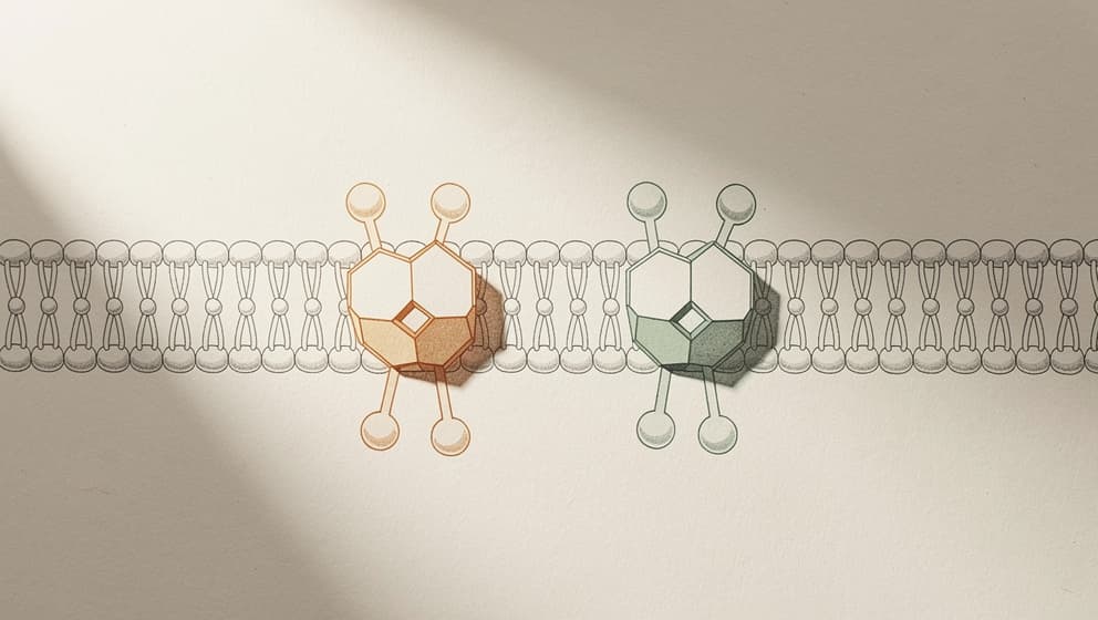 Abstrakt cellulær illustrasjon av to distinkte reseptorer på en enkelt cellemembran med amber- og sage-aksenter som viser dual-agonisme-konsept