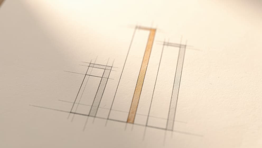 Arkitektonisk linjekunst-diagram med tre stigende effektsøyler på gråhvit papir med varm amber-highlight på den høyeste søylen, minimal redaksjonell vitenskapelig stil