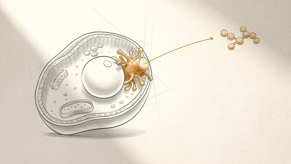 Abstract cellular illustration of a pancreatic beta cell with a single receptor on the surface receiving an incoming signaling peptide, editorial line-art with warm amber receptor accent