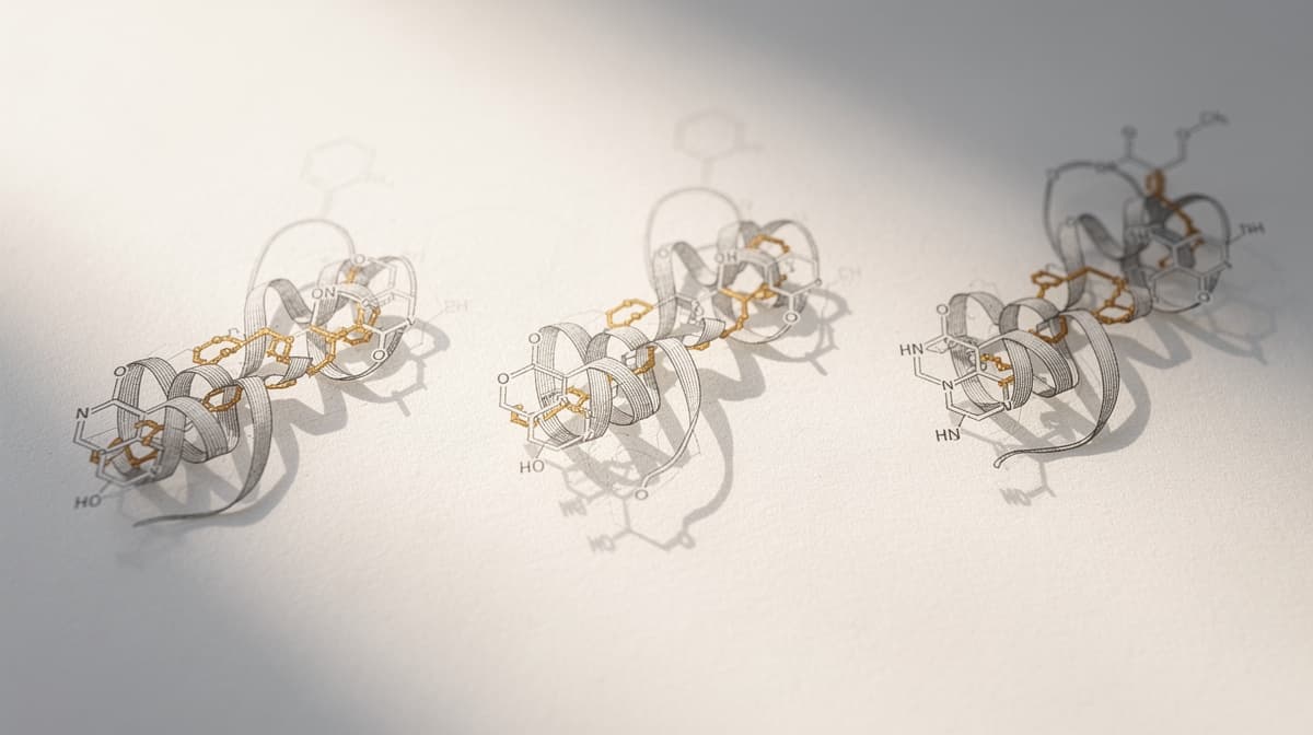 Abstract line-art of three molecular receptor structures with warm amber accent on a muted off-white backdrop
