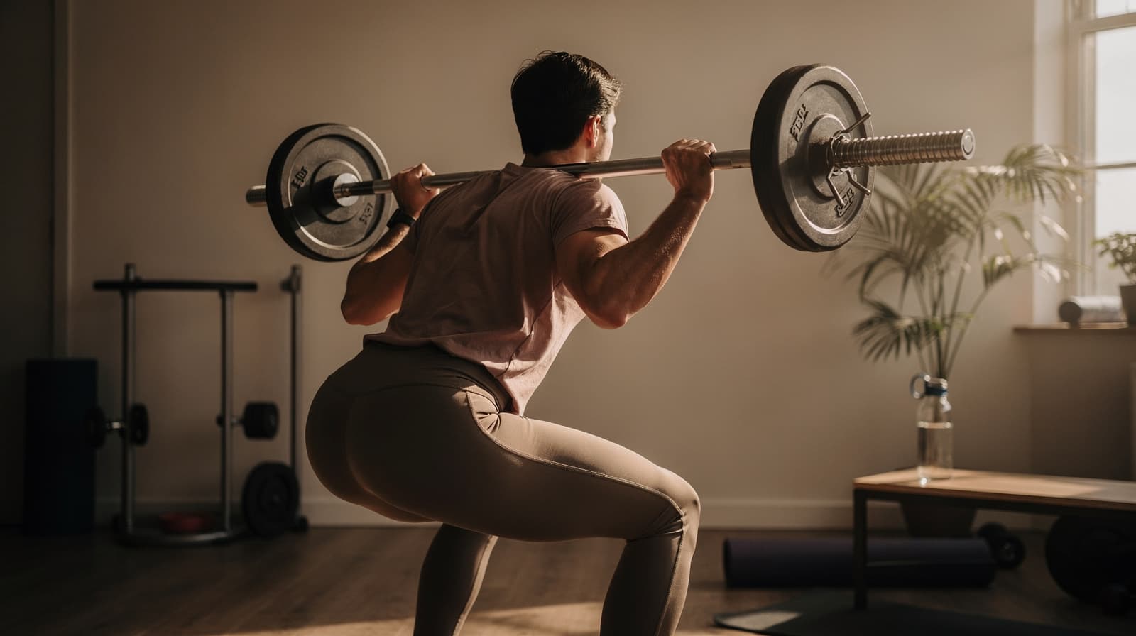 Voksen utfører knebøy med stang i hjemmegym, som illustrerer styrketrening som strategi for å bevare muskelmasse under GLP-1-behandling.