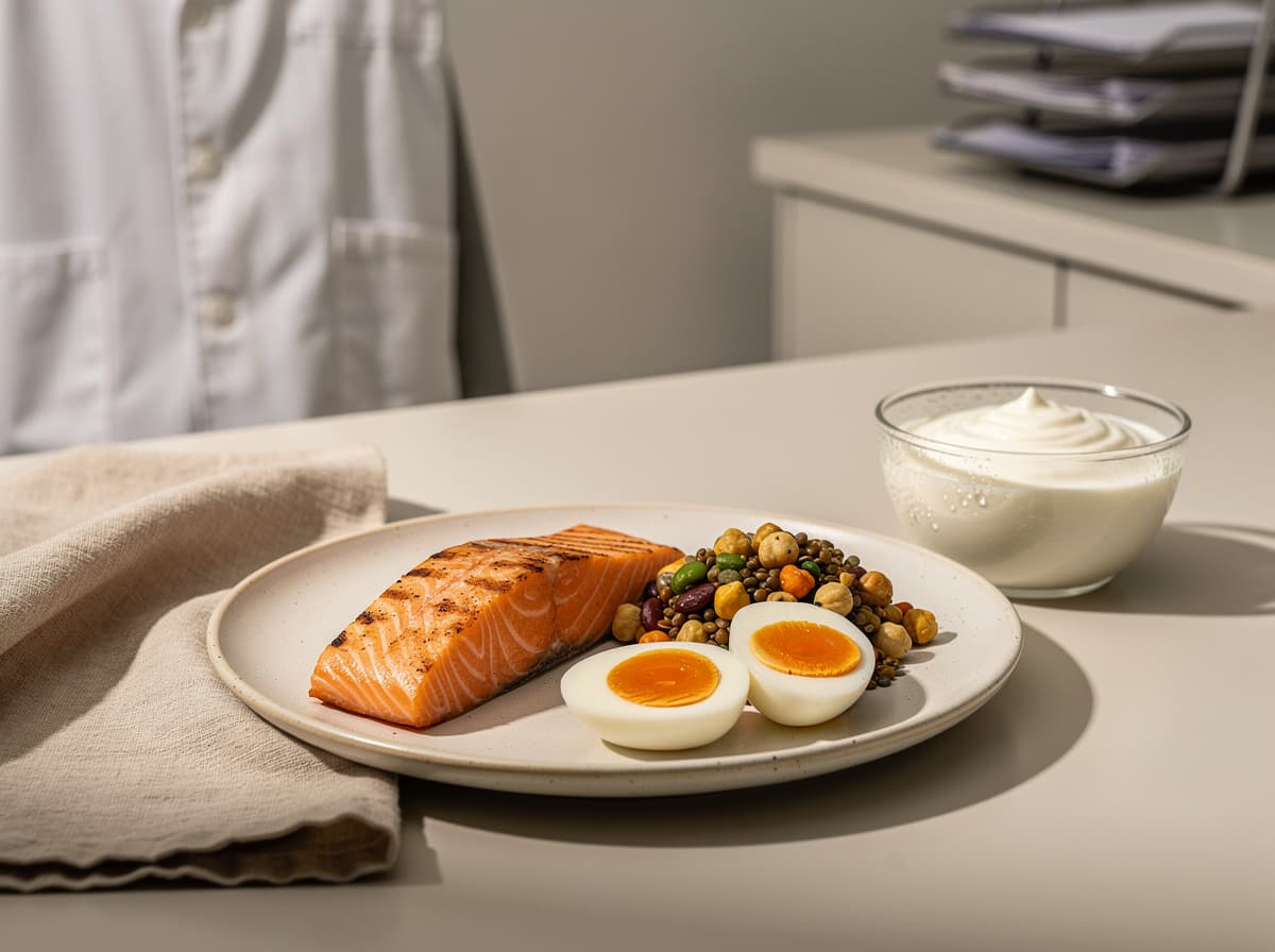 Proteinrik måltid med laks, egg, gresk yoghurt og belgfrukter, tilpasset GLP-1-pasient med mål om 1,2 til 1,6 gram protein per kilo daglig.