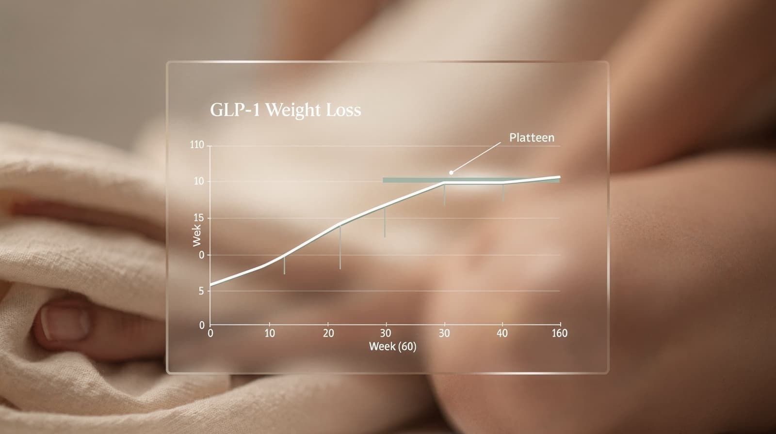 Linjediagram som viser en GLP-1 vektkurve som flater ut rundt uke 60, med markering av platåfasen.