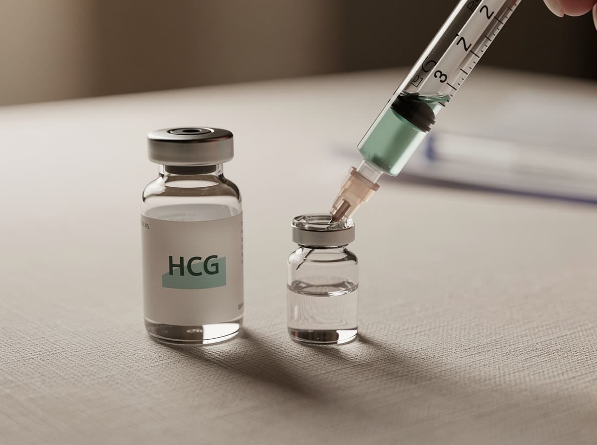 Subkutan insulinsprøyte som trekker opp rekonstituert hCG fra et hetteglass, illustrerer typisk administrering i forskning.