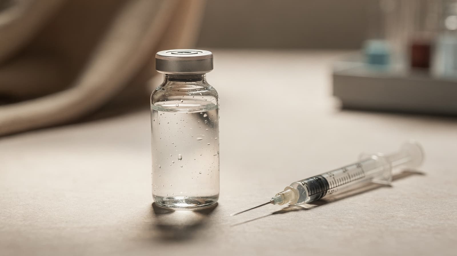 Hetteglass med humant koriongonadotropin ved siden av en subkutan sprøyte på en klinisk overflate, illustrerer hCG-protokoller hos menn.