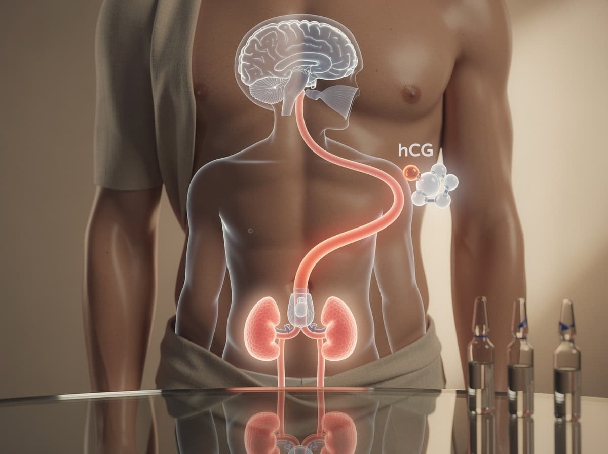 Diagram av hypothalamus-hypofyse-gonade-aksen som viser hvordan hCG omgår hypofysens demping og virker direkte på Leydig-celler.