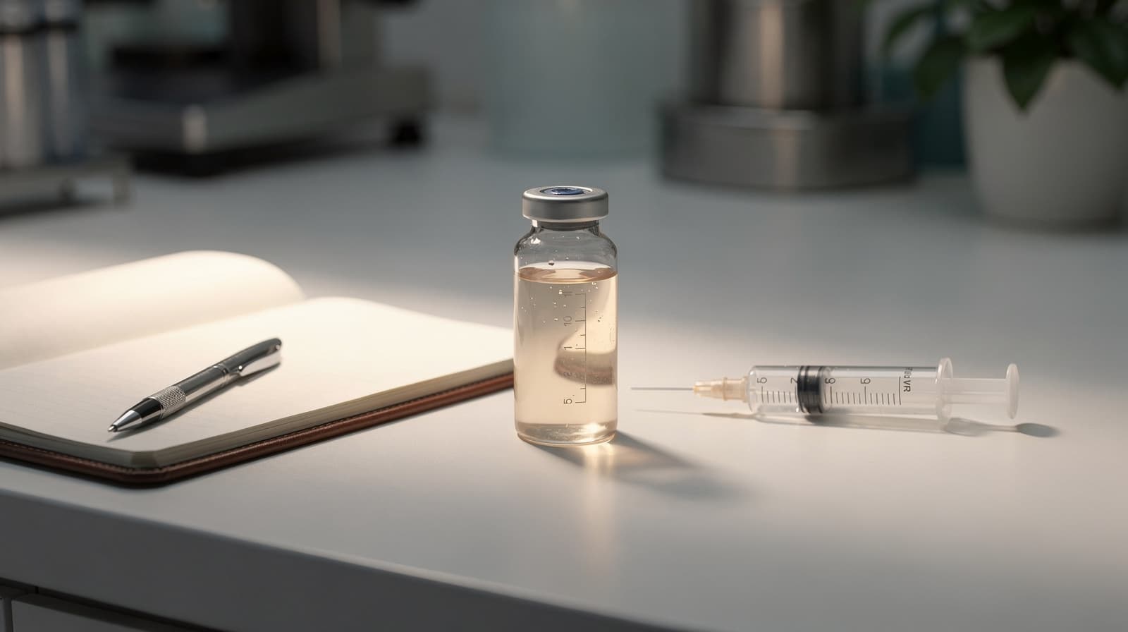 Vial of hexarelin research peptide beside a laboratory notebook and reconstitution syringe on a clinical bench