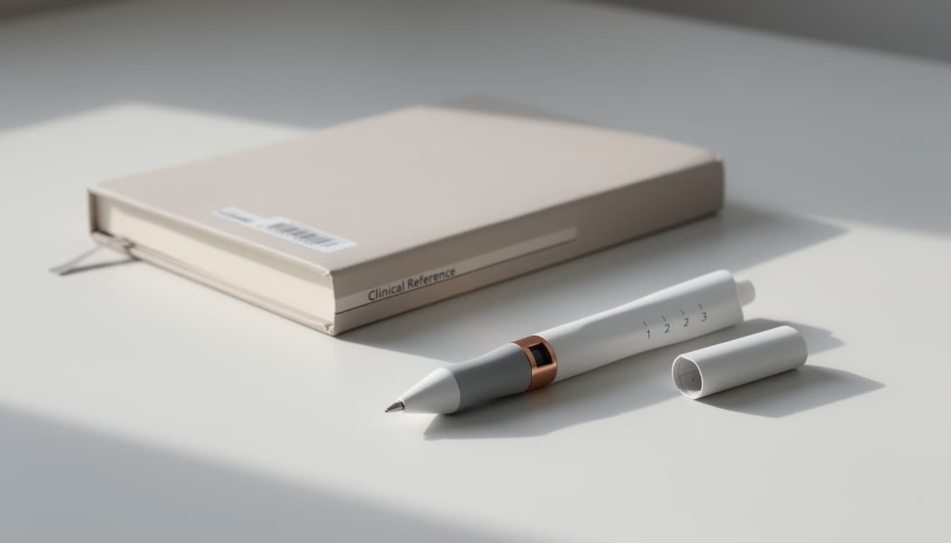 Editorial still life of a clean pale research bench with a single unbranded injection pen beside a folded pharmacology reference, soft daylight.