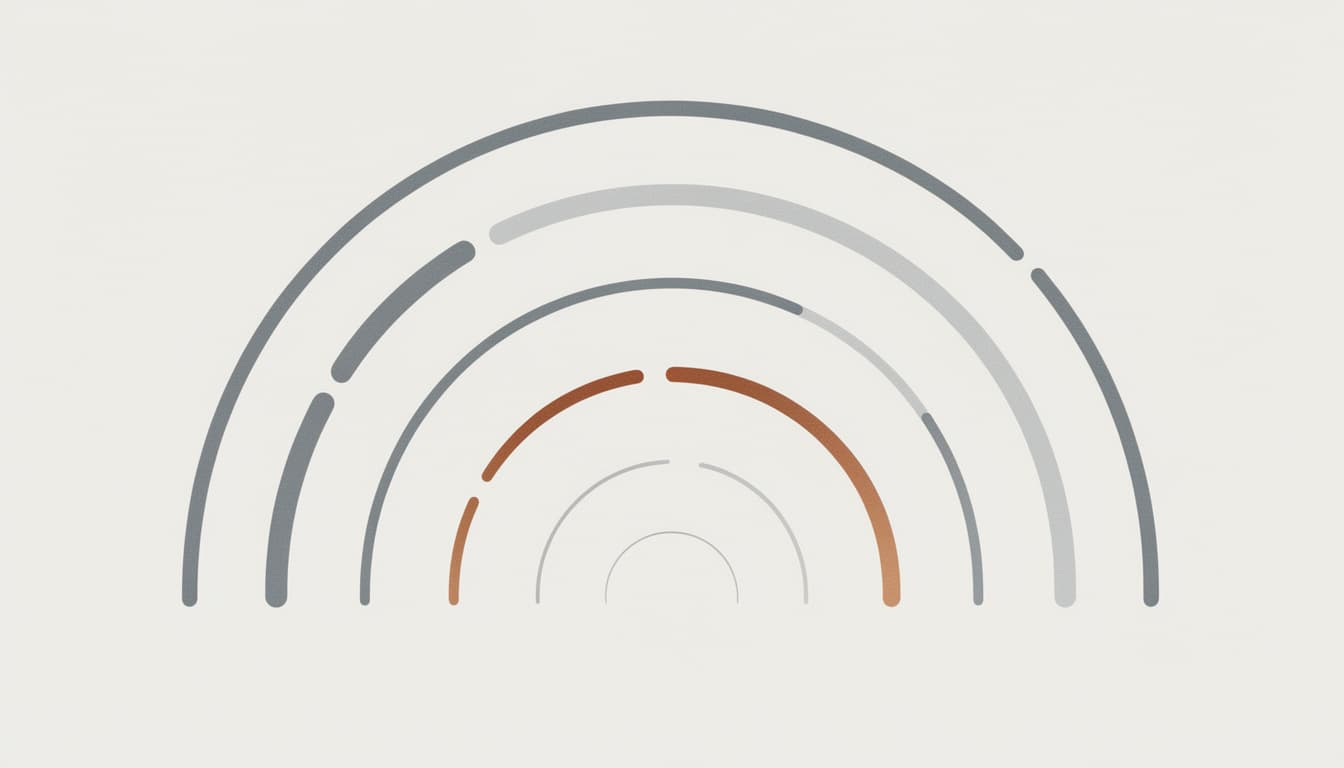 Illustration of concentric arcs of very different lengths, representing the several timescales on which the drug acts.