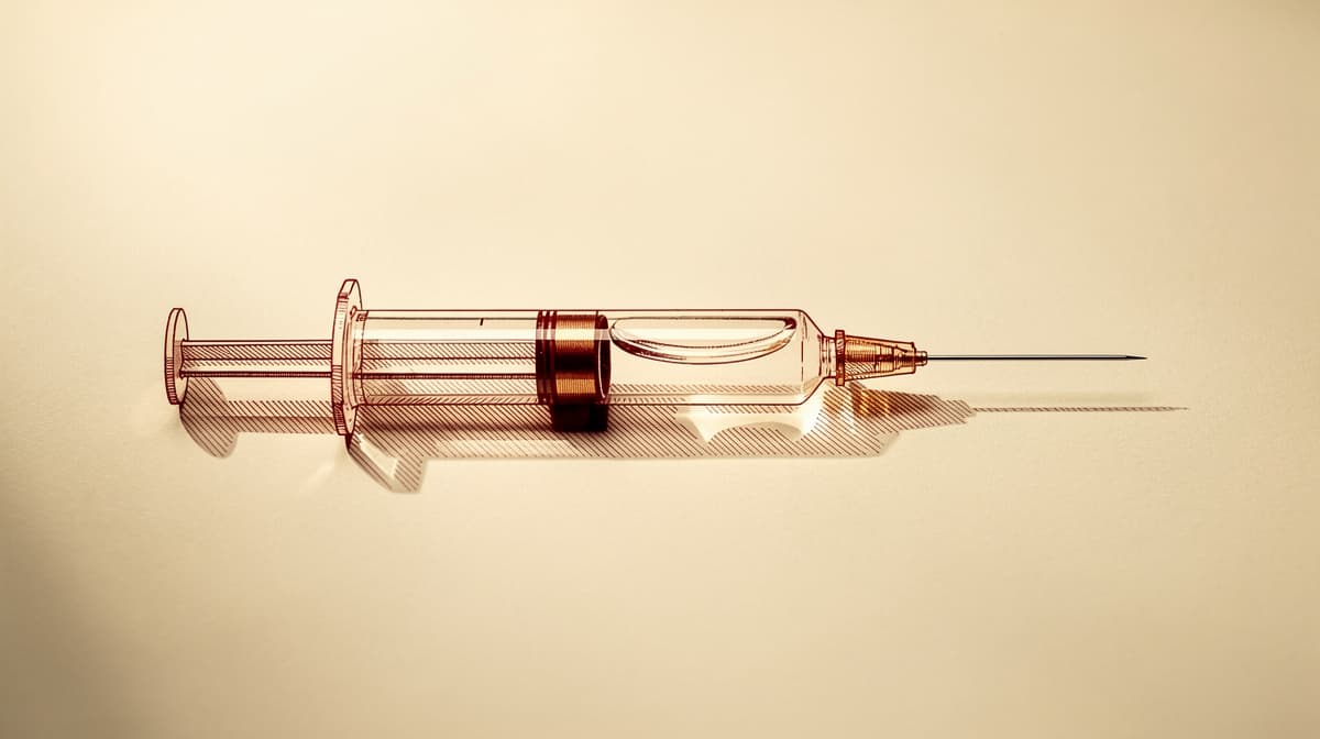 Editorial line-art of a single insulin syringe on cream, copper meniscus on the barrel, fine 31 gauge needle visible at the right edge