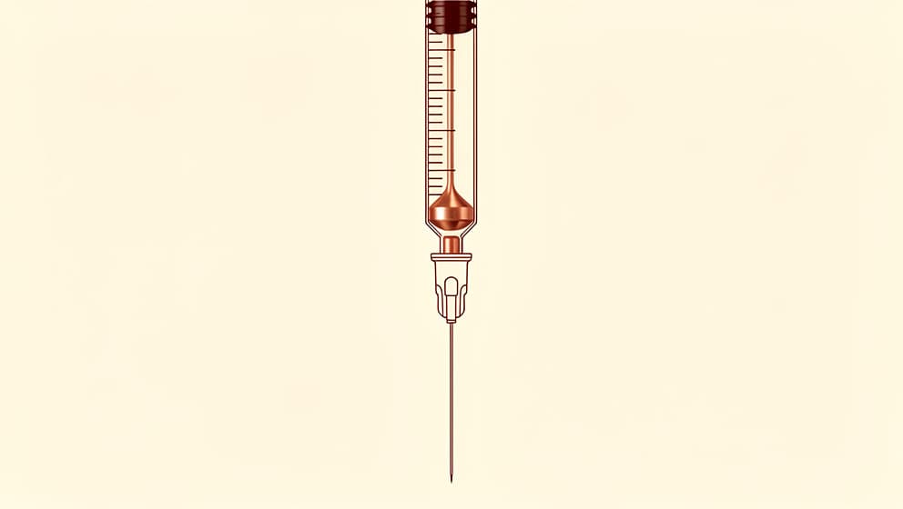 Editorial macro line-art of a single insulin syringe rendered horizontally on cream backdrop with copper meniscus highlighting the fluid level inside the barrel, fine 31 gauge needle silhouette to the right