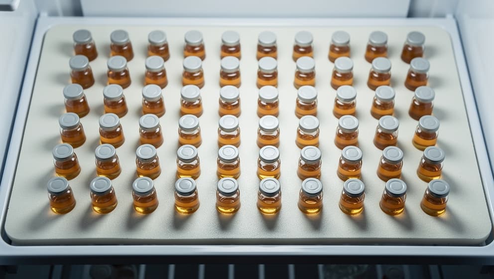 Top-down still-life of laboratory refrigerator shelf with neatly organized closed vials containing amber liquid, cool muted lighting suggesting cold storage