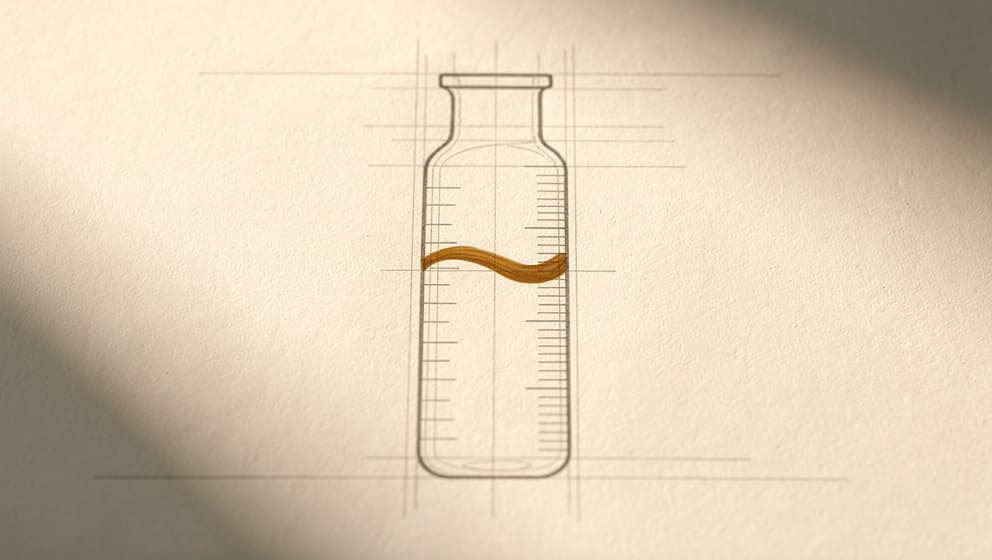 Arkitektonisk linjekunstdiagram av konsentrasjonsgeometri som viser et hetteglass delt i like volumsegmenter med amber-væske-indikator, redaksjonell matematisk stil