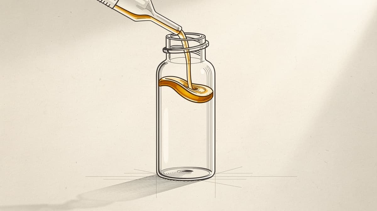 Line-art of sterile liquid flowing into a glass vial with an amber meniscus accent on off-white paper, architectural editorial style