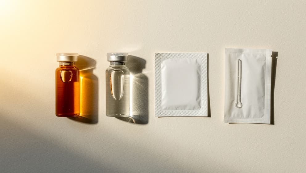 Top-down sterile workspace with a closed amber-liquid vial, a clear-liquid vial, a sealed alcohol prep pad, and a sealed needle package arranged in orthogonal geometry