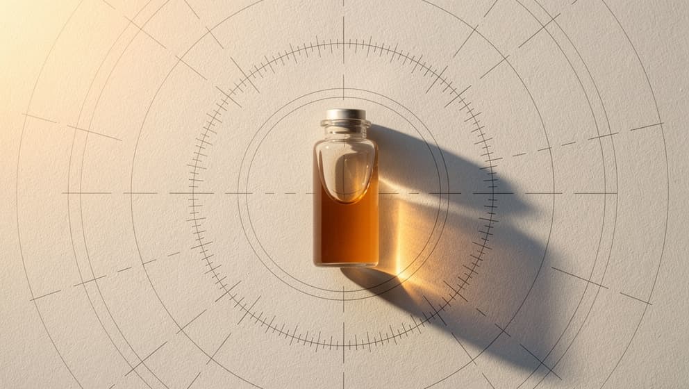 Top-down still-life of a closed laboratory vial with pale amber liquid centered on an architectural calibration blueprint with unmarked tick marks
