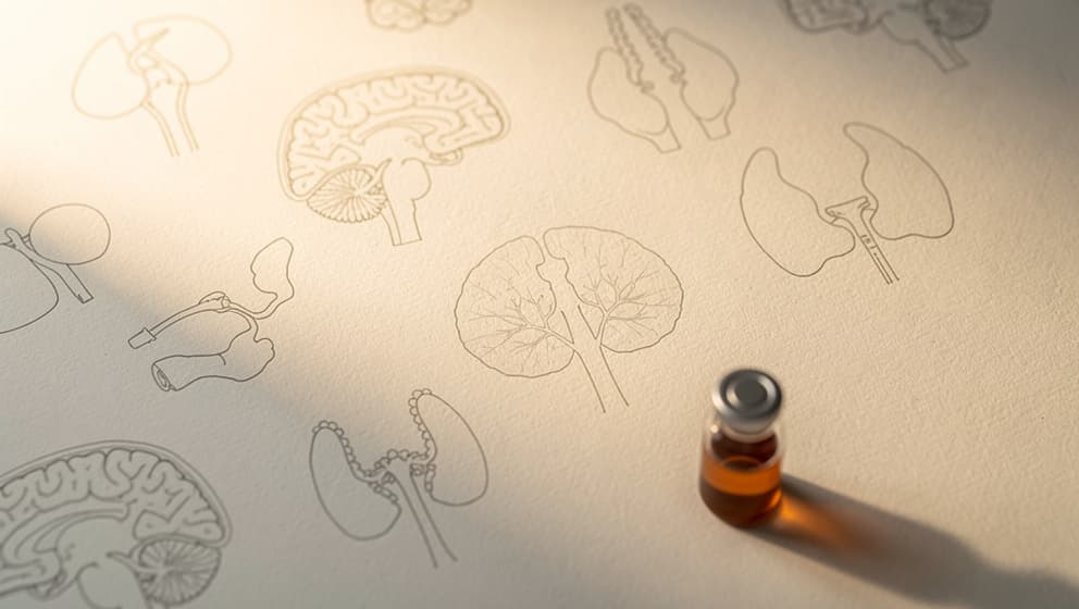 Editorial still-life of scattered anatomical drawings of pituitary, hypothalamus, and endocrine glands with a single amber vial, research-desk aesthetic