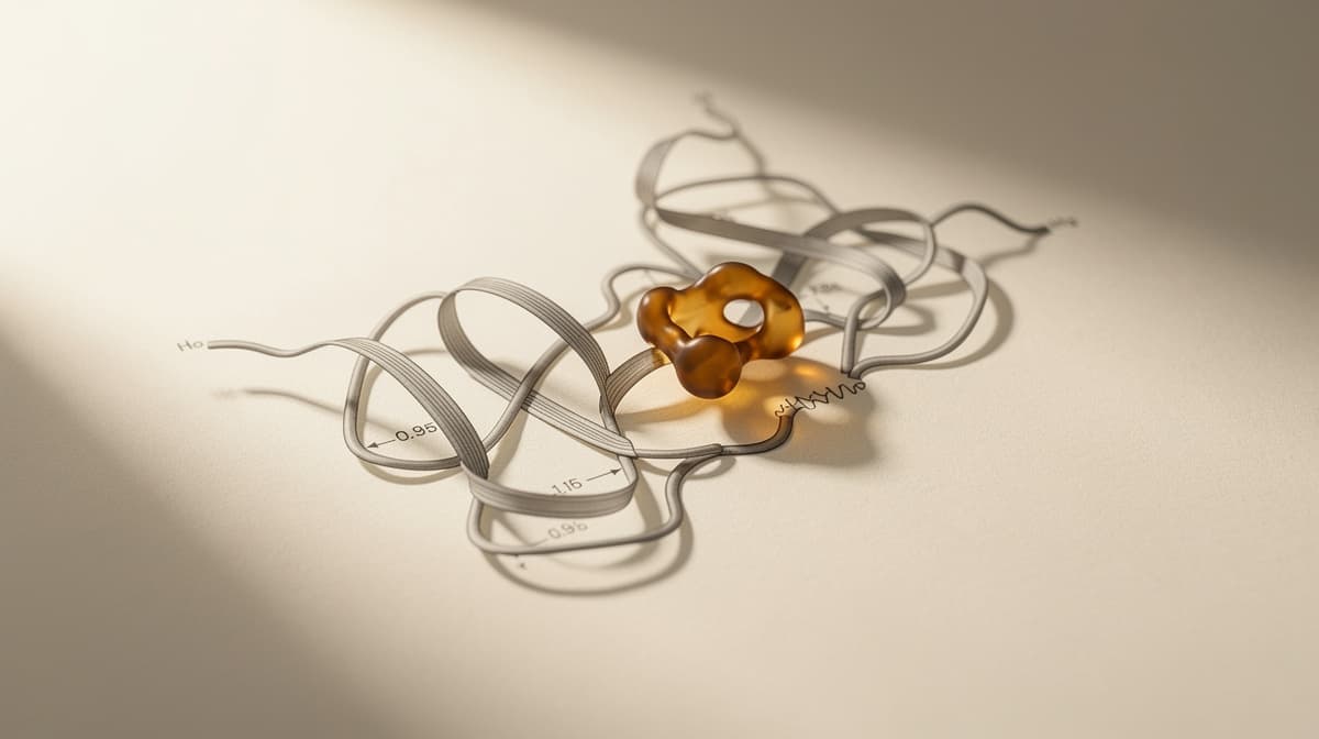 Abstract illustration of a compact peptide ribbon folded into a selective-binding conformation with amber binding pocket, editorial line-art