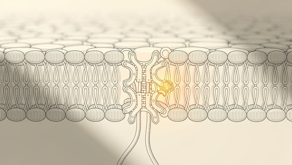 Abstract cellular illustration of a ghrelin receptor on a pituitary cell membrane with selective ligand binding, amber accent on the receptor-ligand site