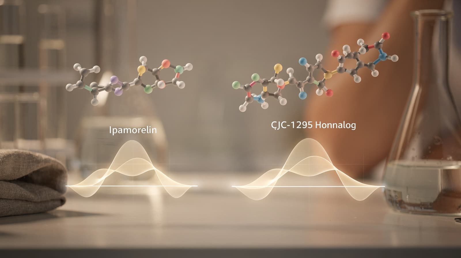 Side-by-side molecular illustration of ipamorelin pentapeptide and CJC-1295 GHRH analog with growth hormone pulse curves