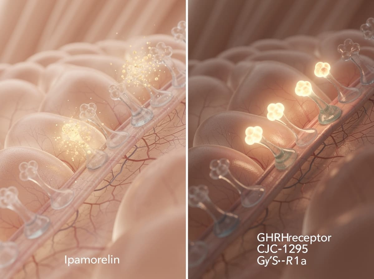 Diagram contrasting GHS-R1a receptor binding by ipamorelin versus GHRH receptor binding by CJC-1295 at the anterior pituitary