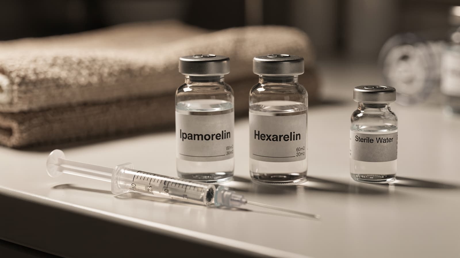 To merkede forskningshetteglass med ipamorelin og heksarelin på klinisk benk ved siden av sprøyte og rekonstitueringsvann.