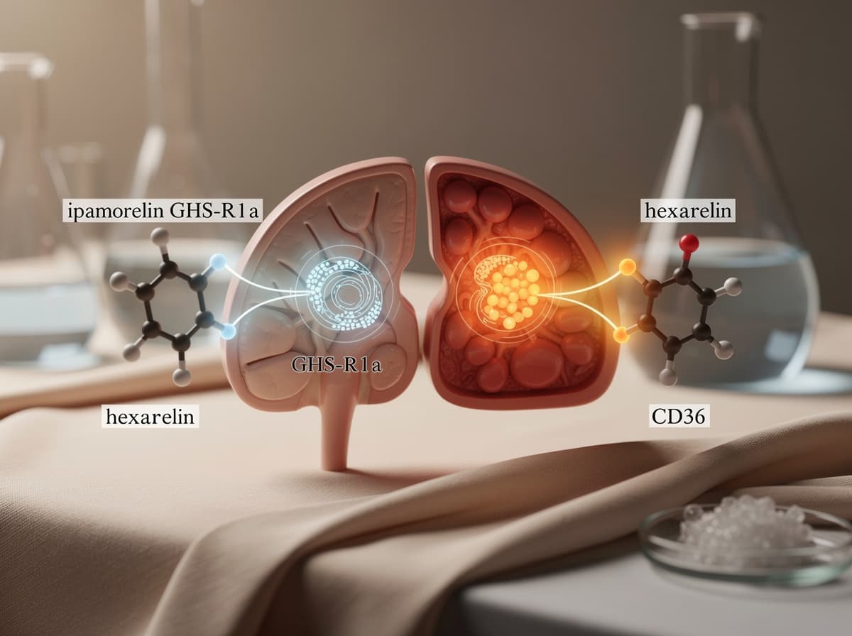 Diagram som sammenligner ipamorelin og heksarelin binding ved hypofyse GHS-R1a og kardiale CD36-reseptorer.