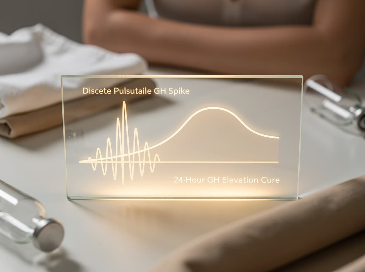 Diagram contrasting ipamorelin's discrete pulsatile GH spike with MK-677's sustained 24-hour GH elevation curve.
