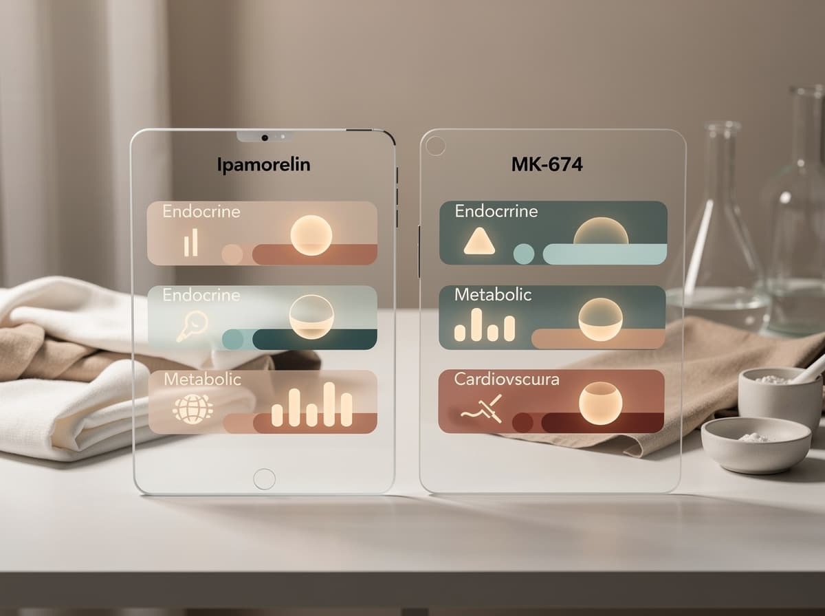 Clinical side-by-side table comparing ipamorelin and MK-677 adverse-event profiles across endocrine, metabolic, and cardiovascular categories.