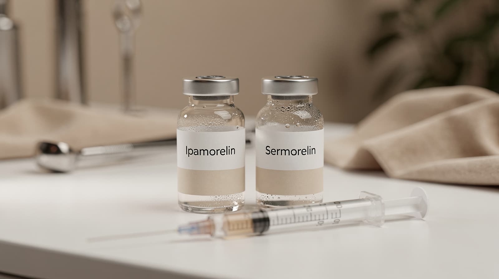 To merkede forskningshetteglass med ipamorelin og sermorelin side ved side på en klinisk benk med rekonstitueringssprøyte.