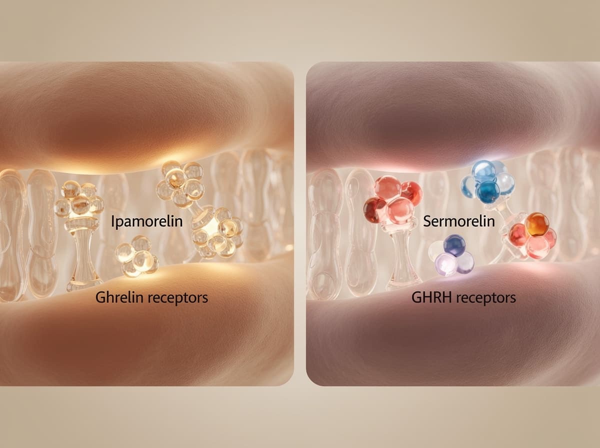 Diagram side ved side av ipamorelin som binder ghrelin-reseptoren og sermorelin som binder GHRH-reseptoren på en hypofysær somatotrof celle.