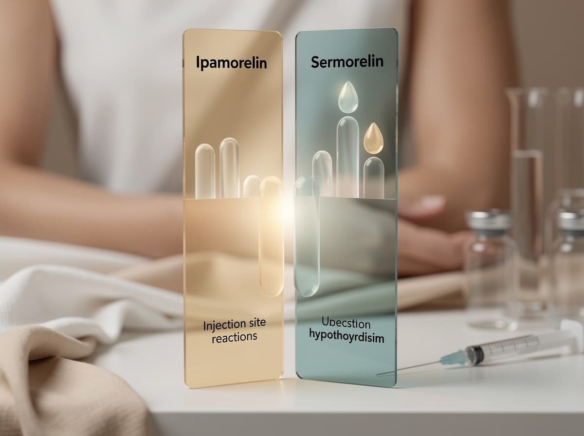 Sammenligningsdiagram av bivirkningsfrekvenser for ipamorelin og sermorelin som viser overlapp på injeksjonsstedreaksjoner og divergens på hypotyreoserisiko.