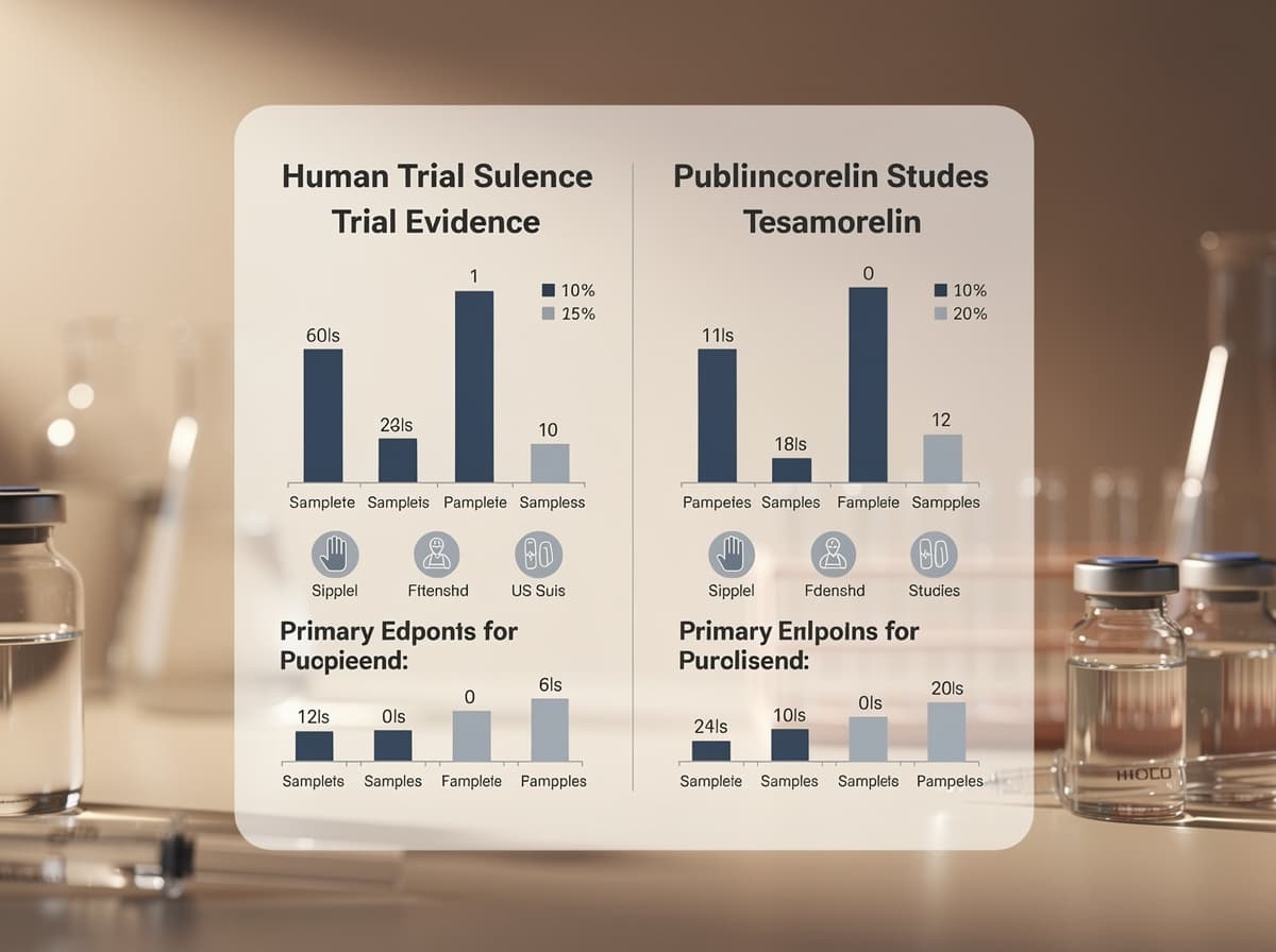 Comparison chart of human trial evidence for ipamorelin versus tesamorelin, showing sample sizes and primary endpoints across published studies.