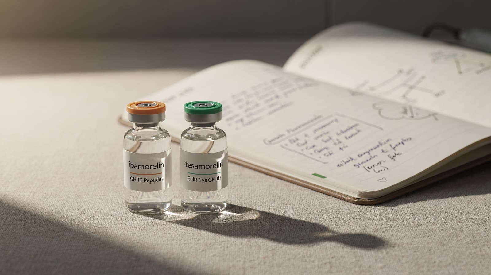 Side-by-side vials of ipamorelin and tesamorelin with a research notebook, illustrating GHRP versus GHRH peptide comparison for the GH axis.