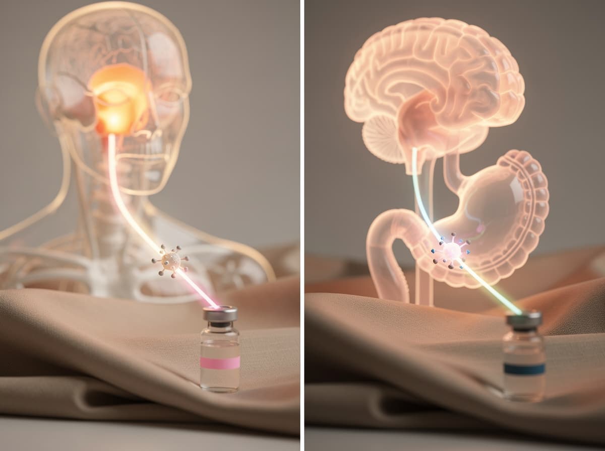 Diagram comparing tesamorelin acting on pituitary GHRH receptors against ipamorelin acting on GHS-R1a ghrelin receptors to release growth hormone.
